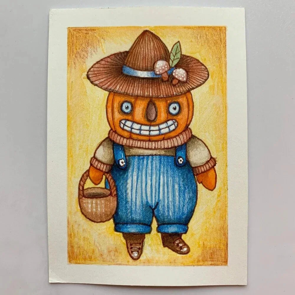 OOAK Vintage Halloween Pumpkin Harvest ACEO ATC Original Art Card